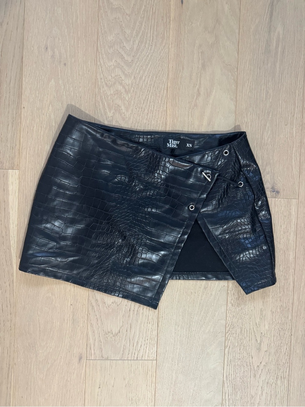 Tiger Mist Black Faux Croc Wrap Mini Skirt with Grommet Detail